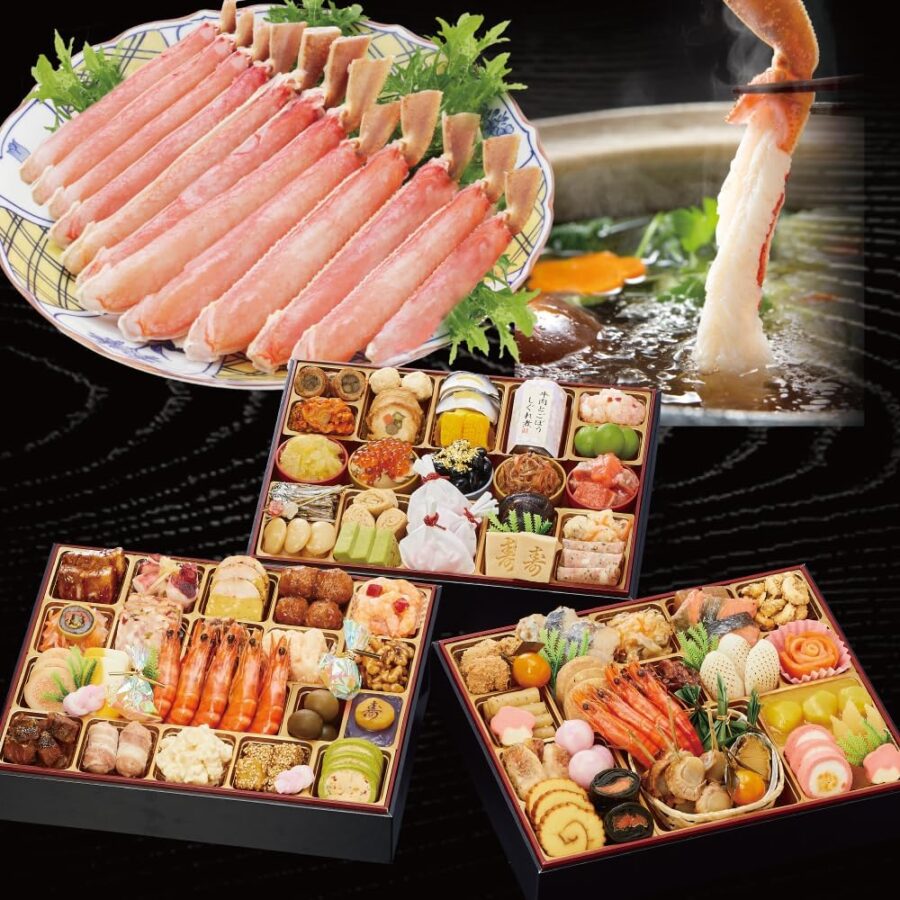 千賀屋謹製 迎春おせち料理「千富士」 冷蔵 和風三段重 6～7人前 生ずわい蟹 しゃぶしゃぶ用 セット